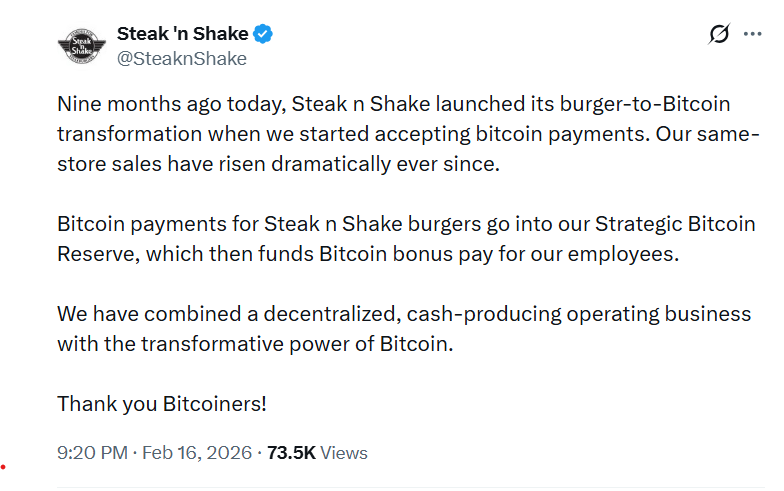 Steak ‘n Shake BTC sales increase