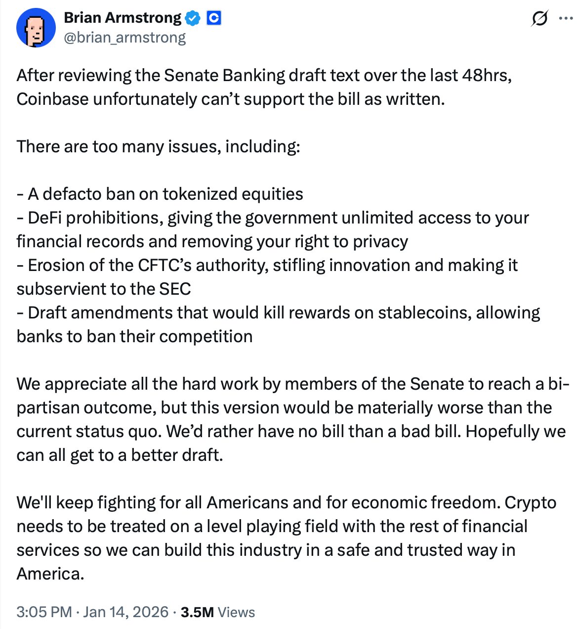 Brian Armstrong tweet