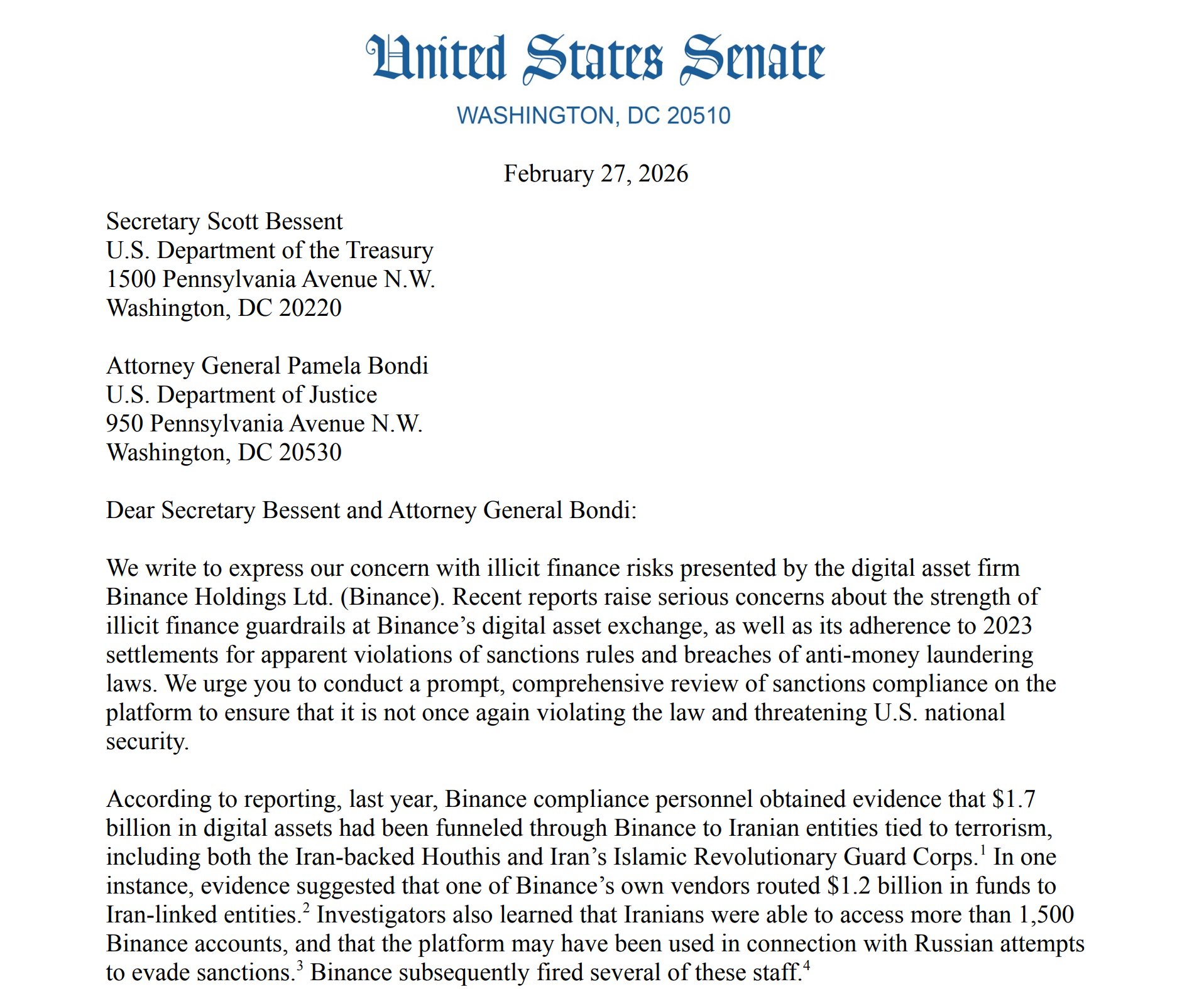 US Senators Binance Investigation
