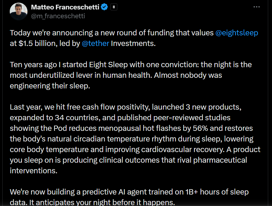 Tether Eight Sleep yatırımı